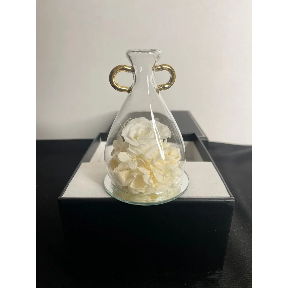 Preserved White Rose Glass Cloche Gold Handles Eternal Flower‎ Gift Box